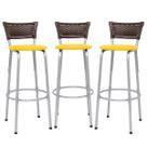 Kit 3 Cadeiras Alta 70cm Encosto Junco Argila Cozinha Varanda Estrutura Prata Balcão Bar Itagold