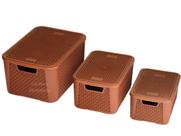 Kit 3 Caixa Baú Cesta Gaveta Organizadora Moderna Rattan Pmg-Marrom