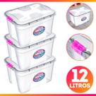 Kit 3 Caixa Organizadora Container 12 Litros C/ Tampa e Trava
