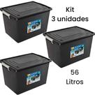 Kit 3 Caixas Organizadoras 56 Litros C Tampa e Trava Preta BRINQUEDO ESCRITORIO