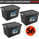 Kit 3 Caixas Organizadoras C/ Tampa e Trava 56 Litros Preta Kit 3 Caixas Organizadoras C/ Tampa e Trava 56 Litros Preta