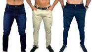 Kit 3 calça jeans masculina com elastano slim bege claro azul marinho skinny alfaiataria
