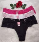 Kit 3 calças fio plus size com renda na lateral preta, branca e pink
