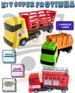 Kit 3 Caminhão Brinquedo Coletor De Lixo Bombeiro E Boiadeiro Com Animais Articulado Infantil Super Frotinha Divplast