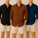 Kit 3 Camisa de Linho Blusa Manga Longa Viscose Praia Masculina Muitas Cores