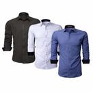 Kit 3 Camisas Social Masculina Manga Longa Slim Lisa Botões Duplos (Grafite, Azul Prússia, Branco)