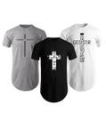 Kit 3 Camiseta Estampada Cruz Masculina Manga Curta Camisa Long Line Swag Blusa Algodão Básica Oversize Thirt Gospel Cristã Evangélica Presente Casual