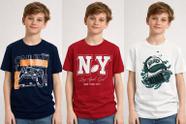 Kit 3 camisetas estampada gola redonda manga curta infantil 10 ao 16 cores variadas.