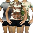 Kit 3 Camisetas Femininas Baby Look Gola Careca Estampas Sortidas Viscolycra Pp ao Plus Size