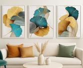Kit 3 Canvas Flores Modernas Azul Com Dourado-Mold.Branca Tamanho:40x30cm