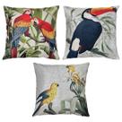 Kit 3 Capas Almofada Linho Aves Tucano Arara Periquito 45x45