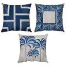 Kit 3 Capas Almofada Linho Estampadas Azul Decorativas 43x43