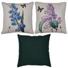 Kit 3 Capas De Almofada Linho Verde e Linho Estampada Flores 43x43 Kit 3 Capas De Almofada Linho Verde e Linho Estampada Flores 43x43