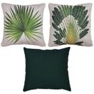 Kit 3 Capas De Almofada Linho Verde e Linho Estampada Folhagens 43x43