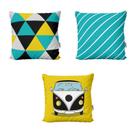 Kit 3 Capas de Almofadas Azul e Amarelo Kombi Decoração e Geométricas Para Sofá 40x40 Novadecora