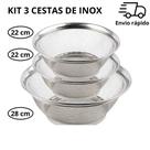 Kit 3 Cestas em Inox Escorredor Multiuso 1 de 28cm + 2 de 22cm P/ Cozinha Escorrer Macarrão Legumes
