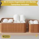 Kit 3 Cestos Bambu Conjunto com Tecido Forro Algodão Cesto Organizador Multiuso Amadeirado Premium