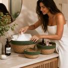 Kit 3 Cestos Organizadores Decorativos Fibra Vegetal Verde Multiuso Cachepot Cesta Natural Artesanal