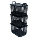 Kit 3 cestos telados com tampa de plástico 15l preto Oikos