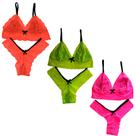 Kit 3 Conjunto Lingerie Renda Calcinha Lateral Larga Sutiã Sem Bojo Feminino Adulto