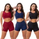 kit 3 conjunto short e top curto feminino academia fitness suplex meia coxa zero transparencia cintura alta tendencia tamanho único sem bojo