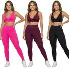 KIT 3 Conjunto Top Bojo Costa Cruzada e Calça Suplex Bella Fiore Roupa Academia Fitness Musculação Tamanho:GCor:Rosa+Vi