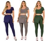 Kit 3 Conjuntos Feminino Fitness Calça Legging Saia Abertura Fenda Lateral Com Bolso e Top Cropped Academia The Start