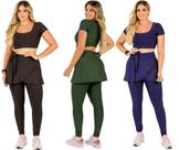 Kit 3 Conjuntos Feminino Fitness Calça Legging Saia Com Bolso e Top Cropped Academia Caminhada Moda Evangélica The Start