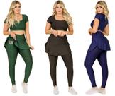 Kit 3 Conjuntos Feminino Fitness Calça Legging Saia Com Bolso e Top Cropped Treino Academia Caminhada The Start