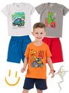 Kit 3 Conjuntos Infantil Menino Verão Camiseta em Meia Malha com Manga e Bermuda de Moletinho com Elástico