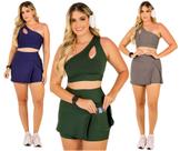 Kit 3 Conjuntos Short Saia e Top Cropped Fitness Moda Evangélica Academia Treino Ginástica Beach Tennis The Start