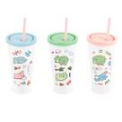 Kit 3 Copo 350ml Plástico Infantil Criança Parque Viagem Canudo Adesivo Passeio Piquenique Escolar