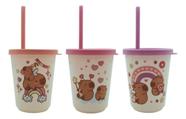Kit 3 Copos Com Tampa e Canudo Capivara Infantil 300ml