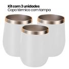 Kit 3 COPOS_Copo Térmico Tipo Cuia Com Tampa, 350ml, Parede Dupla Inox, Café, Água, Cerveja, Branco