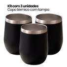 Kit 3 COPOS_Copo Térmico Tipo Cuia Com Tampa, 350ml, Parede Dupla Inox, Café, Água, Cerveja, Preto