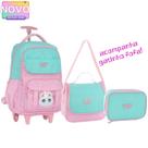 Kit 3 em 1 Mochila Gatinho fofo com Rodinhas Bolsa Tiracolo Estojo Feminina Volta às Aulas