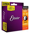 Kit 3 Encordoamentos Elixir Violão Aço 011 Phosphor Br 16544