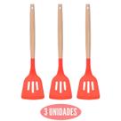 Kit 3 Espatula Silicone Vazada Vermelho Cabo Bambu