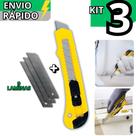 Kit 3 Estilete Com 9 LâmInas Metal Reforçador Afiado Corta Caixas Papelão Papel Tecido Plástico