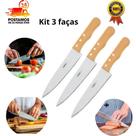 kit 3 Facas de Cozinha Aço Inox Cabo de Madeira 5 Carne Salada Legumes Churrasco