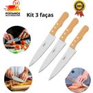 kit 3 Facas de Cozinha Aço Inox Cabo de Madeira Carne Salada Legumes Churrasco