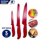 Kit 3 Facas de Cozinha Profissional Inox Cheff 32cm Legumes 23cm Pão 32cm Vermelho