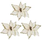 Kit 3 Flores Bico de Papagaio Natal Pick Veludo Champanhe Glitter Dourado 20cm