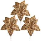 Kit 3 Flores Bico de Papagaio Pick Natal Veludo Arabesco Glitter Dourado 28cm - Magizi