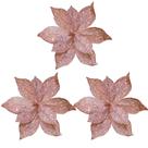 Kit 3 Flores Bico de Papagaio Pick Natalino Glitter e Lantejoulas Rosê Luxo 30cm