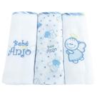 Kit 3 Fralda Pano Boca com Bainha Bordada Anjo da Guarda Azul Menino