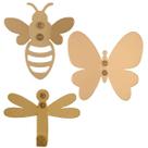 Kit 3 Ganchos Multiuso Parede Dourados Abelha Libélula Borboleta Porta Luft Masutti