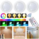 Kit 3 Lâmpada Controle Remoto Led Spot Sem Fio RGB Coloridas Multicolor Com Adesivos Lúminaria