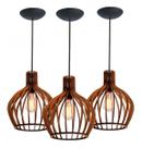 KIT 3 Luminária Lustre Pendente Madeira Redondo Munique 30cm