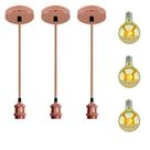 Kit 3 Luminárias Pendente Metal Rose Gold Dourado Rosa + Lâmpadas LED Filamento Vintage Retrô